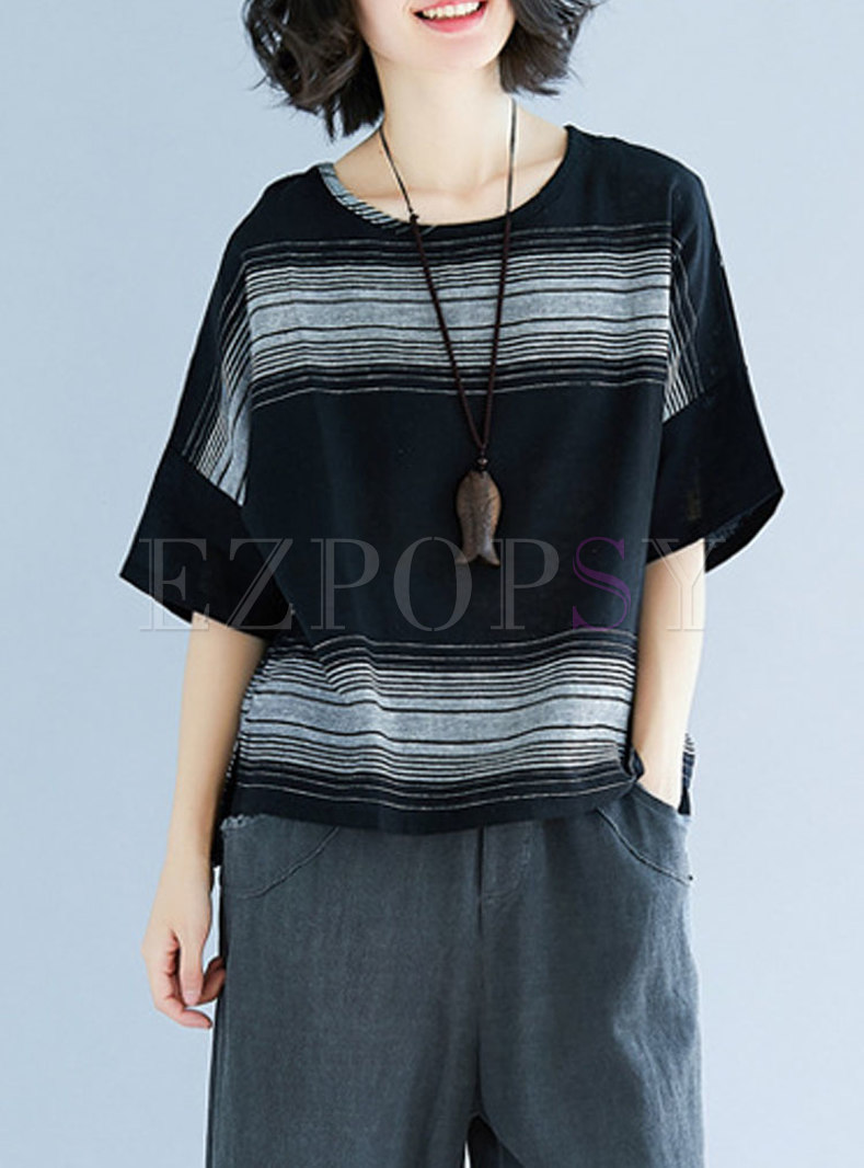 Black Loose Striped Plus Size T-shirt